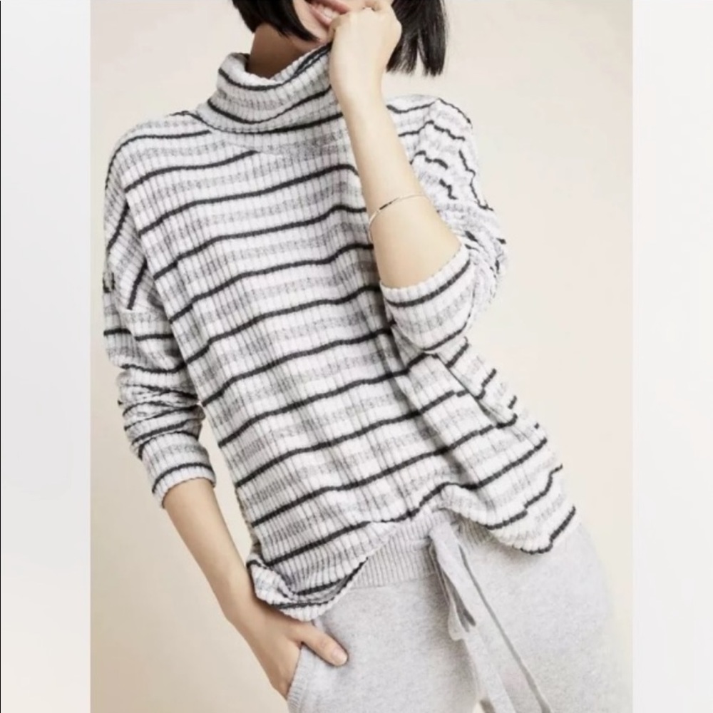Anthropologie Grey Striped Cowl Neck Sweater Top - Picture 1 of 8